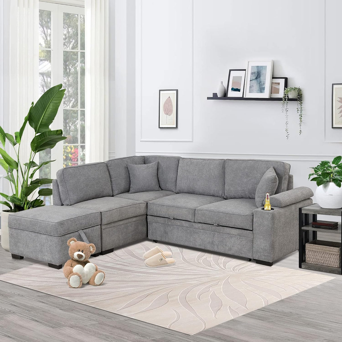 Ball & Cast Sleeper Sofa Bed L Shaped Couch with Storage Ottoman,Pull-Out Sectional Sofa Couch w/Cup Holder and Charging Stations,for Living Room and Small Apartment,Grey