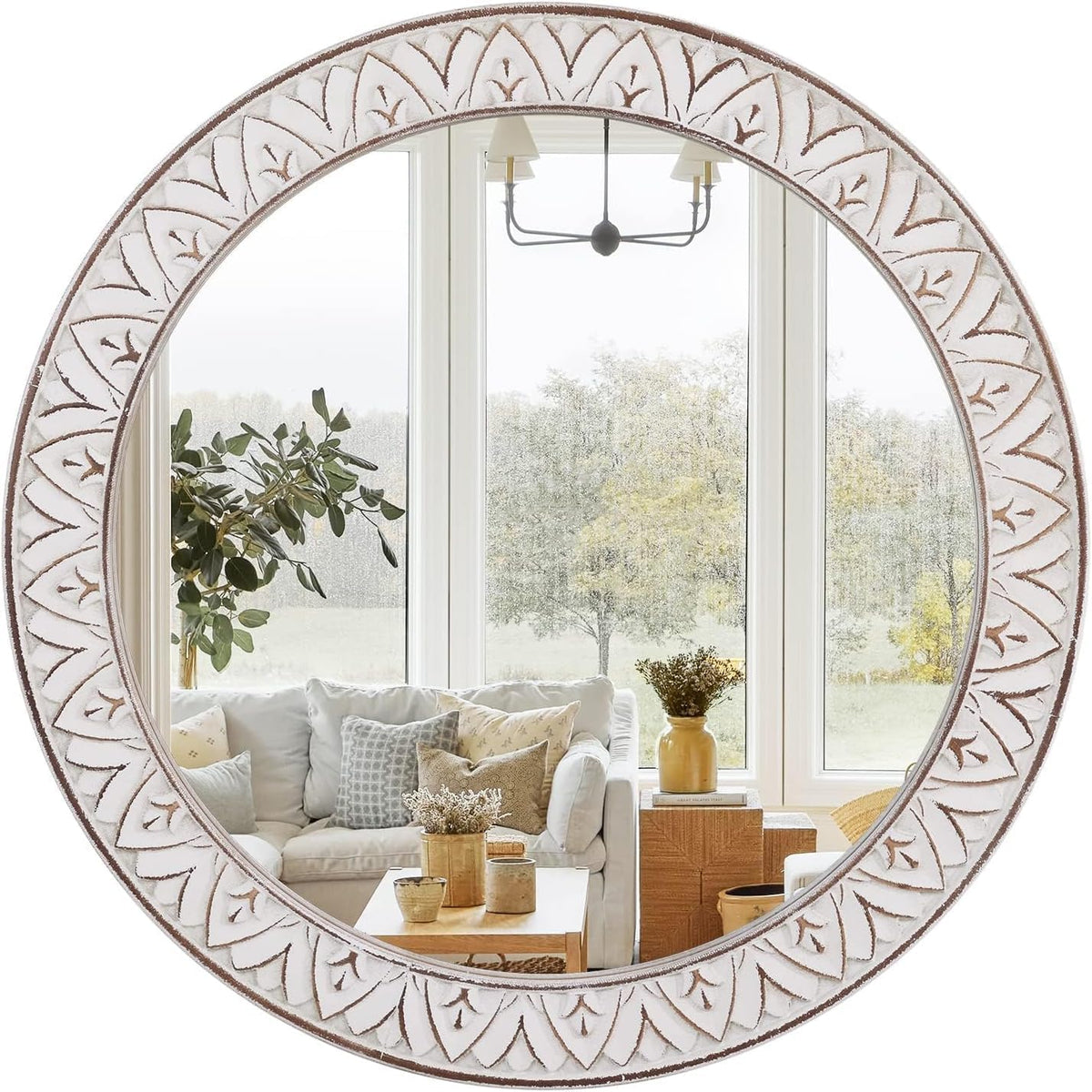 20" Round Rustic Mirror Wooden Frame Circle Mirrors, Distressed Wall Mounted Mirror for Bathroom, Bedroom, Living Room, Entryway, Fireplace, Hall