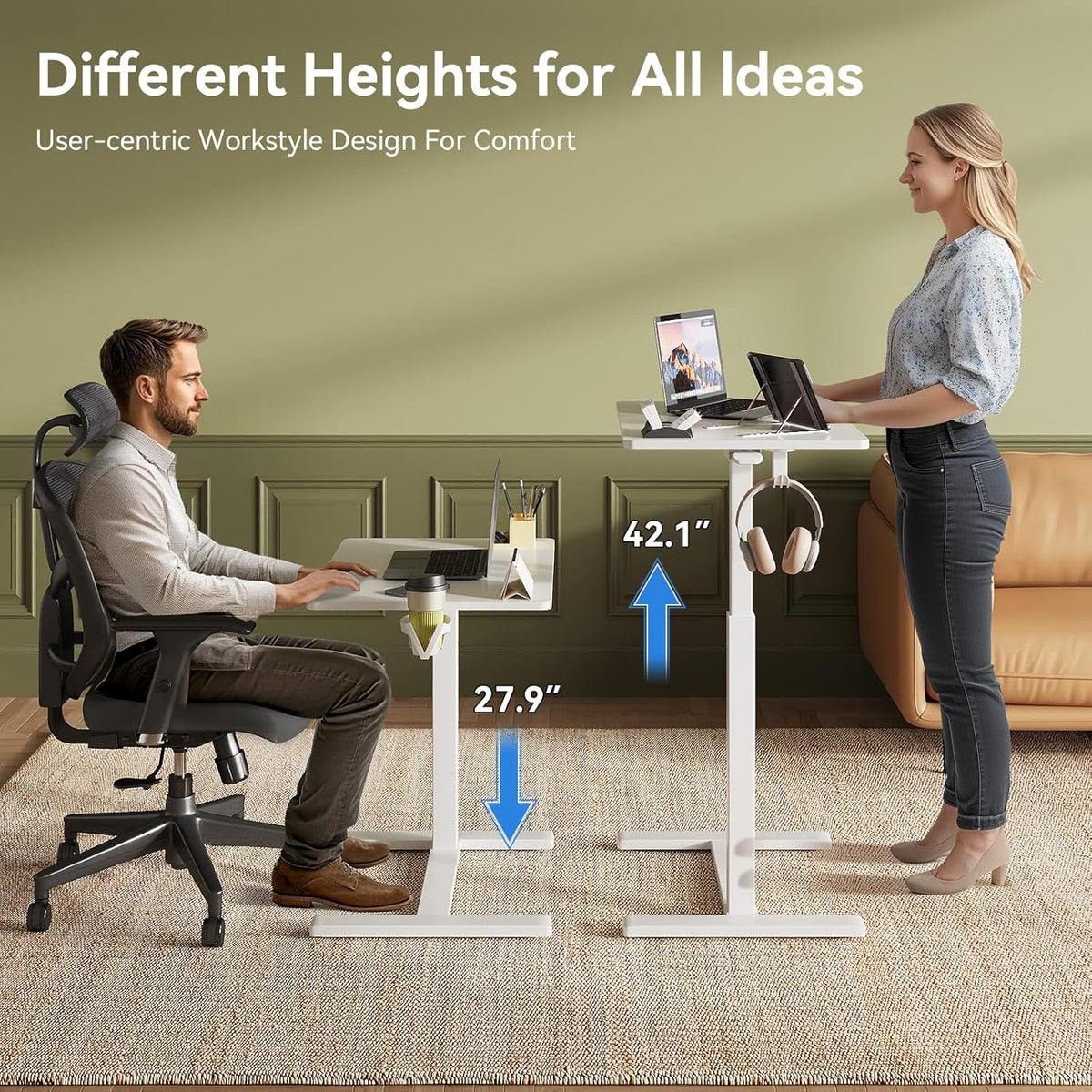 Gas Spring Adjustable Height Rolling Portable Laptop Desk, Mobile Standing Desk on Wheels, Small Sit Stand Desk with Laptop Stand/Cup Holder/Hook (White, 26"x19")