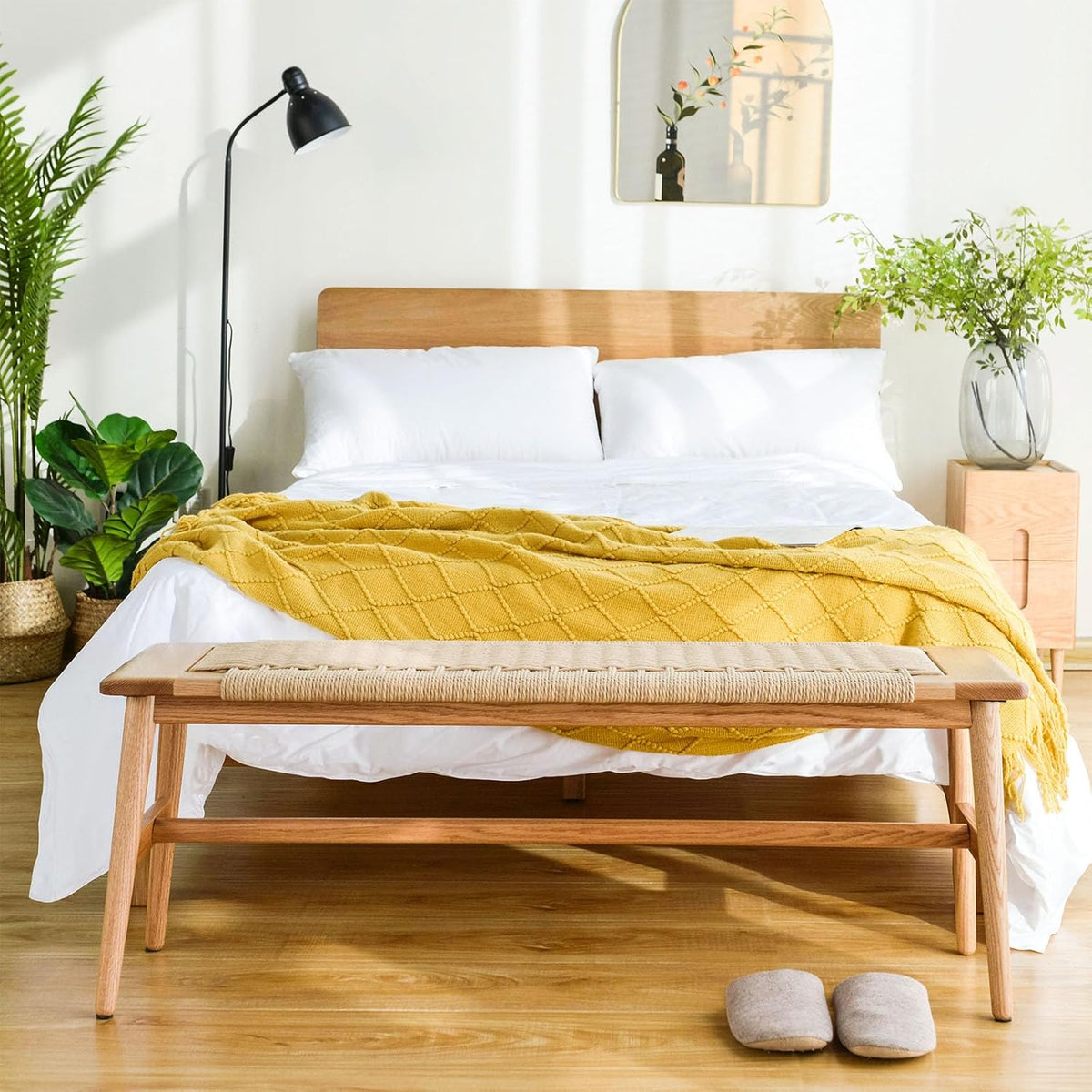 OOKSEN Entryway Bench, Solid Wood Dining Bench, 31.5" Wooden End of Bed Benches, Midcentury Modern Bedroom Benches Stool with Hand-Woven Rope for Kitchen Living Room Hallway