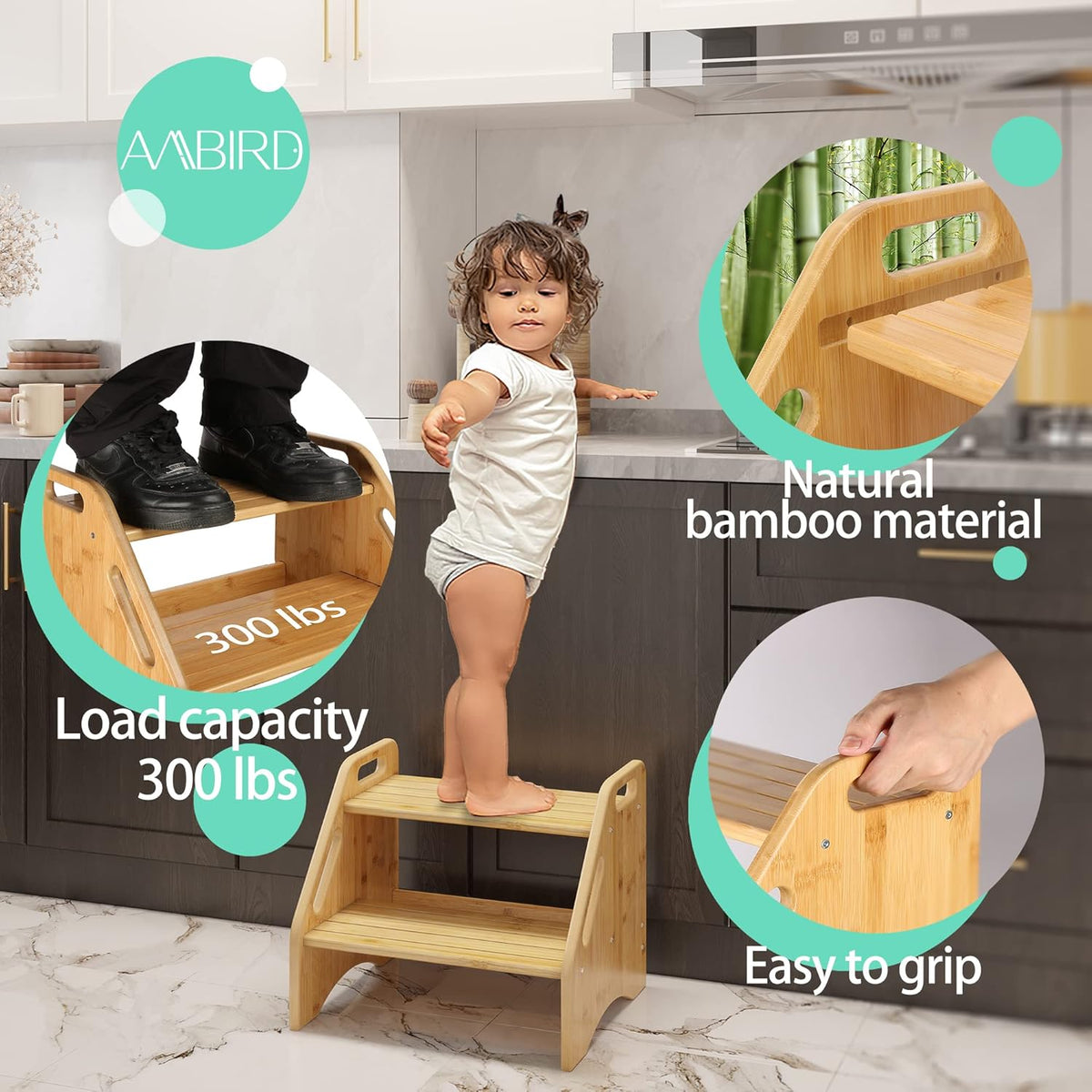 AMBIRD Wooden Step Stool, Two Step Stools Toddler 300 lbs Capacity with Safety Non-Slip Pads and Handles, Bamboo Step Stool for Bathroom, Kitchen Dual Height Step Stools for Kids (Natural)