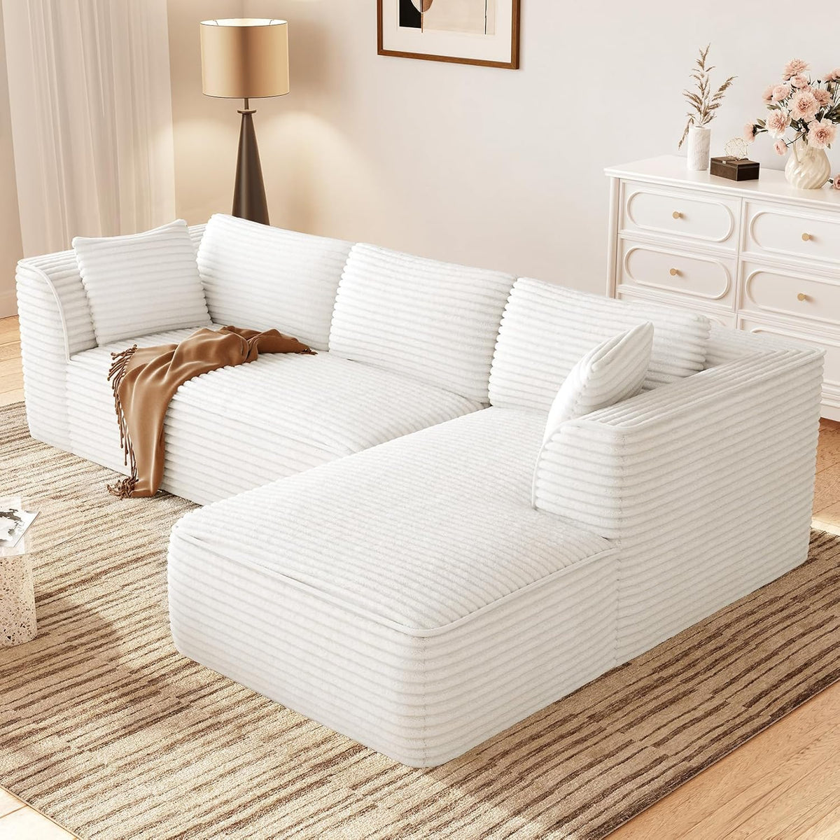 Vesgantti 106" Modular Sectional Sofa with Chaise, Deep Seat Comfy Cloud Couch Corduroy L Shaped Sofa Sectional Couches for Living Room Bedroom, No Assembly Required (Beige, Right-Facing Chaise)