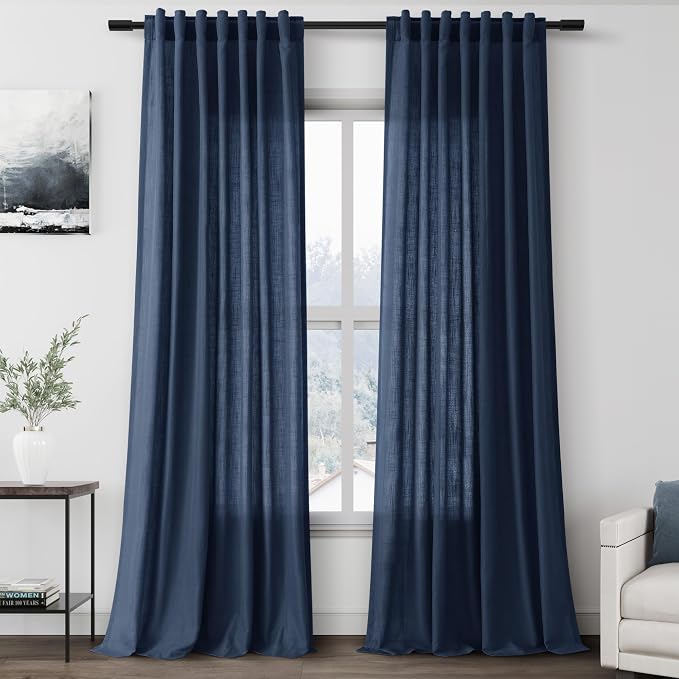 Denim Blue Linen Curtains 102 Inches Long Rod Pocket Back Tab Drapes 2 Panels