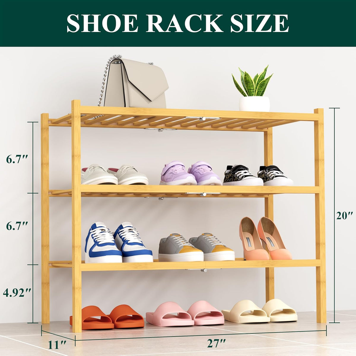 Smiry Shoe Rack, 3 Tier Thick Bamboo Shoe Organizer, Stackable Free Standing Wooden Shoe Storage Shelf for Closet, Entryway, Front Door Entrance, Natural