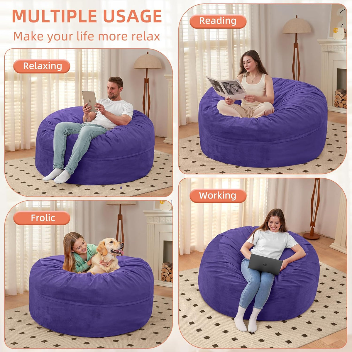 HABUTWAY Bean Bag Chair 3Ft Luxurious Velvet Ultra Soft Fur with High Rebound Memory Foam Bean Bag Chairs for Adults Plush Lazy Sofa with Fluffy Removable Sponge 3' (Purple)