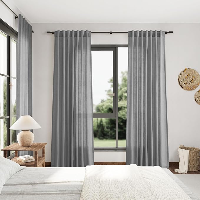 Extra Long Dark Grey Linen Curtains 2 Panels 102 Inches Long