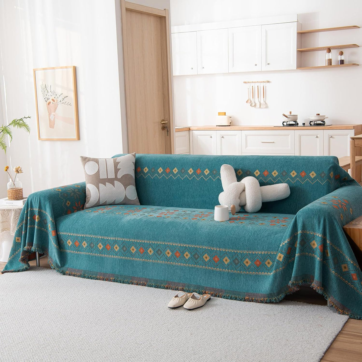 STACYPIK Green Jacquard Couch Cover Chenille Boho Sofa Covers for 3 Cushion Couch Reversible Tassels Sofa Seat Cover Blankets Scratch Proof Couch Protector Loverseat Futon Cover for Sectional-71X134IN