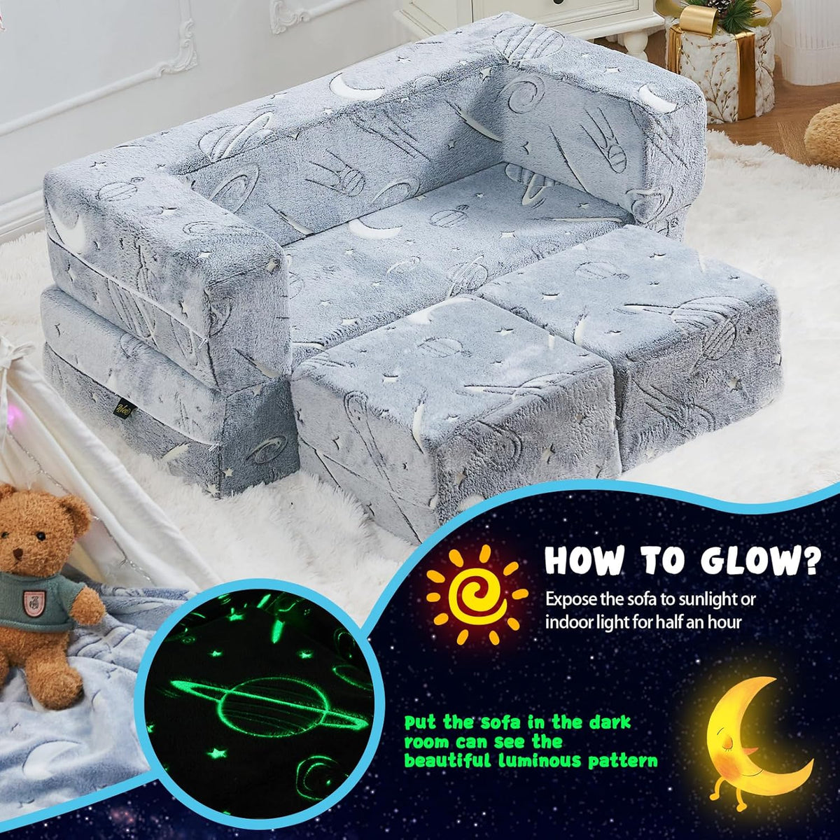 Kids Couch Sofa Modular Toddler Couch, Glow in The Dark 3 in 1 Fold Out Kids Sofa with Washable and Durable Covers for Boys, Galaxy Stars