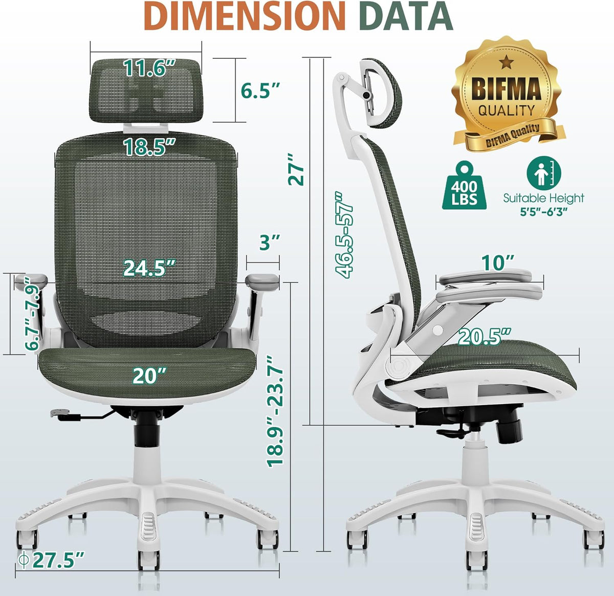 GABRYLLY Ergonomic Office Chair, High Back Home Desk Chair with Headrest, Flip-Up Arms, 90-120° Tilt Lock and Wide Cushion, 400LBS Mesh Chairs for Man Woman, White Task Chair(Olive Green,GY01WOG)
