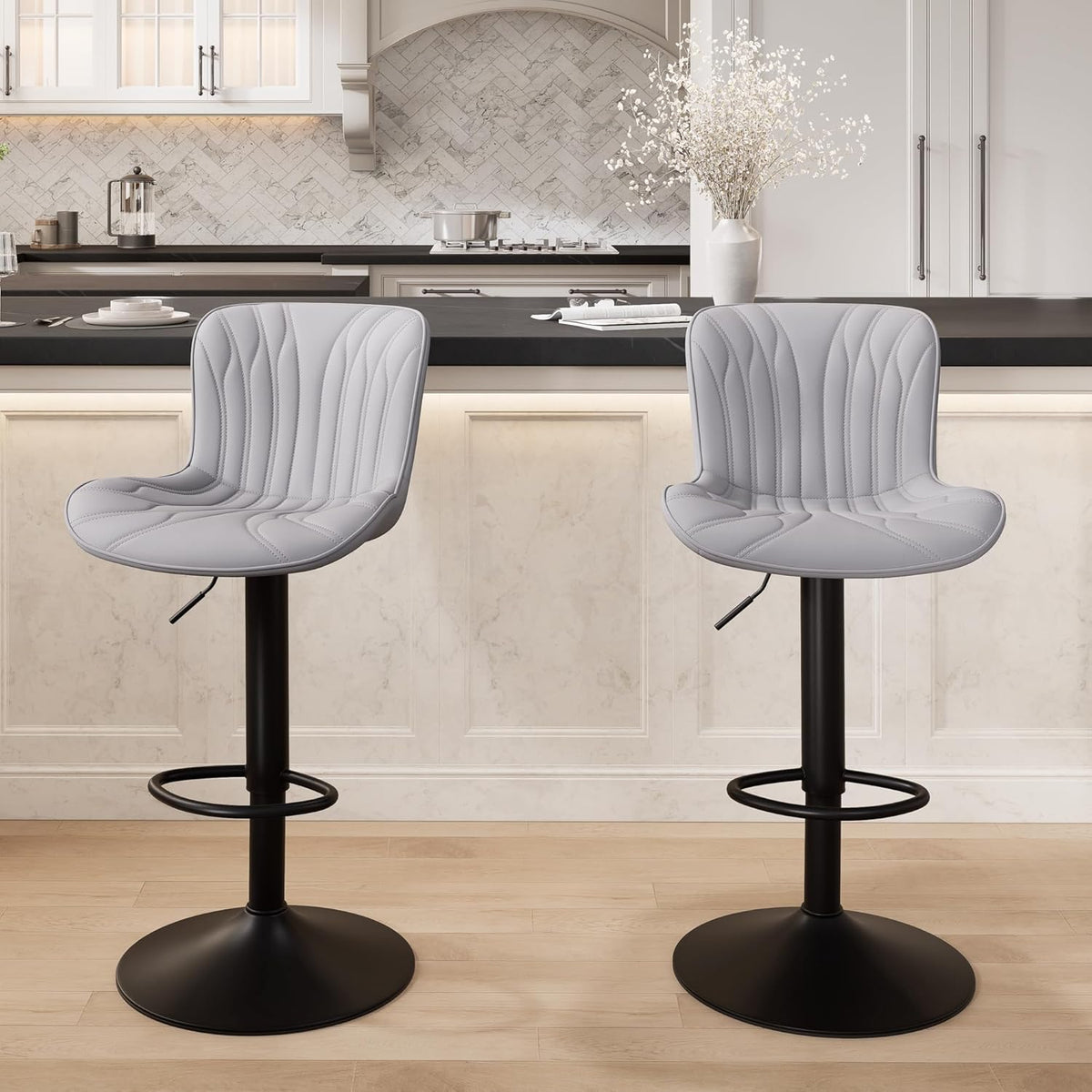YOUNIKE Grey Bar Stools Set of 2 Modern Kitchen Counter Height Bar Chairs with Backs Faux Leather Upholstered Barstools Swivel Tall Adjustable Padded Breakfast Island Chair with Sturdy Metal Leg