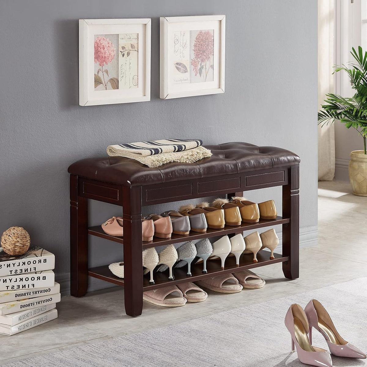 Shoe Storage Bench, Entryway Shoe Rack with Fiberleather Seat 2-Tier Lift Top Organizer Wooden Shoe Bench for Entryway Hallway Living Room (Dark Brown 31.5x13.8x18.9'')
