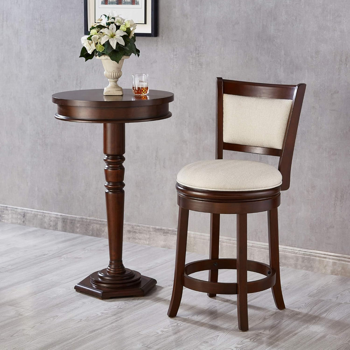 Ball & Cast Swivel Barstool Upholstered Counter Stool 24 inch Kitchen Wooden Bar Stool , Cappuccino&Taupe
