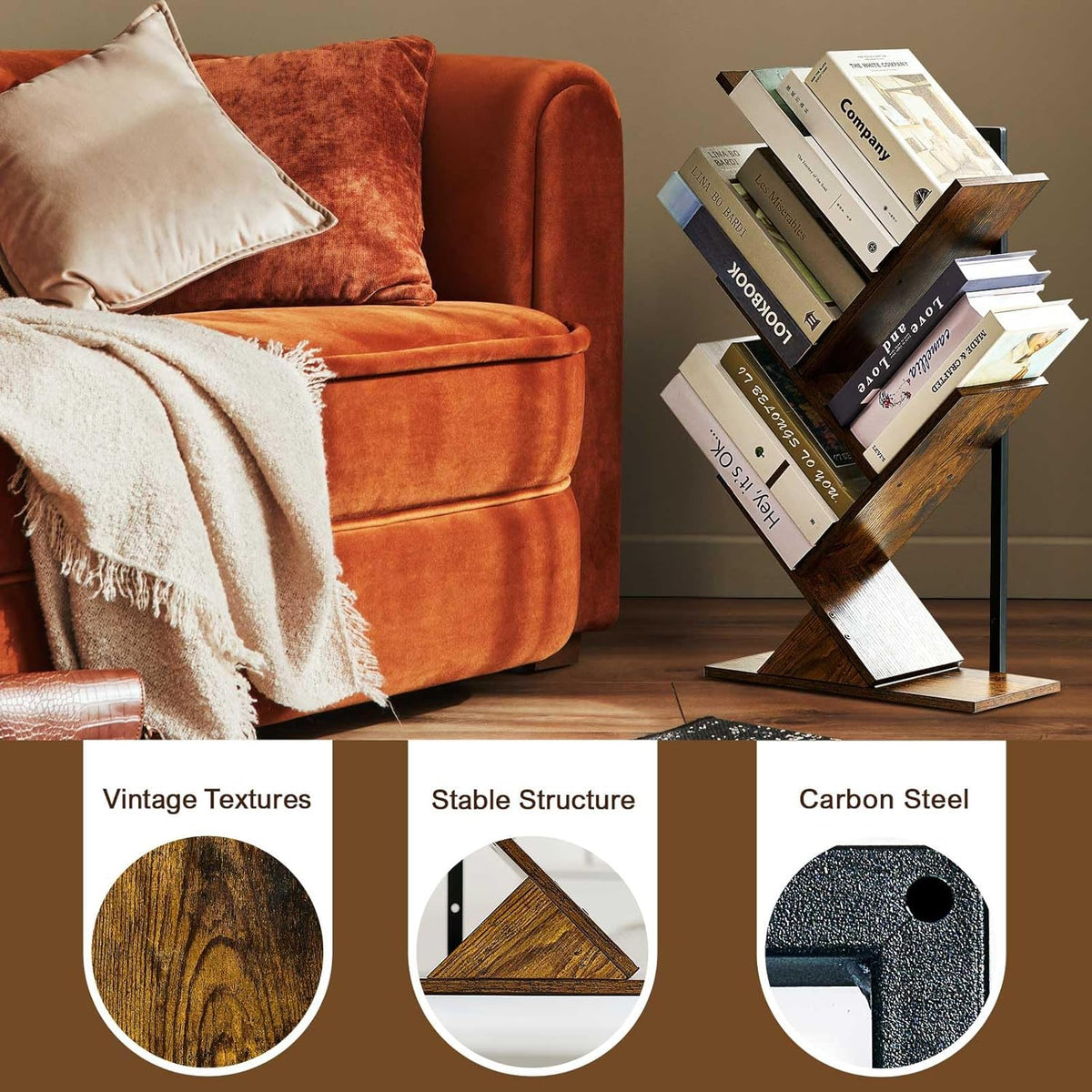 5 Tier Tree Bookshelf Floating Book Shelves for Wall Mount, Wooden Hanging Shelves Storage for Displaying Books/CDs/Magazine, Unique Wall Bookcase Organizer Shelves for Home, Office, Living Room
