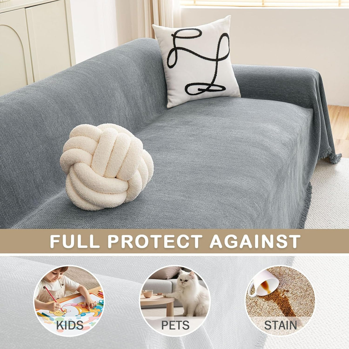 hyha Couch Cover for Dogs, Boho Sofa Covers for 3 Cushion Couch Washable, Chenille Sofa Slipcover for Pets, Soft Loveseat Sectional Couch Throw Blankets with Tassels (Grey, 71x150 Inch)