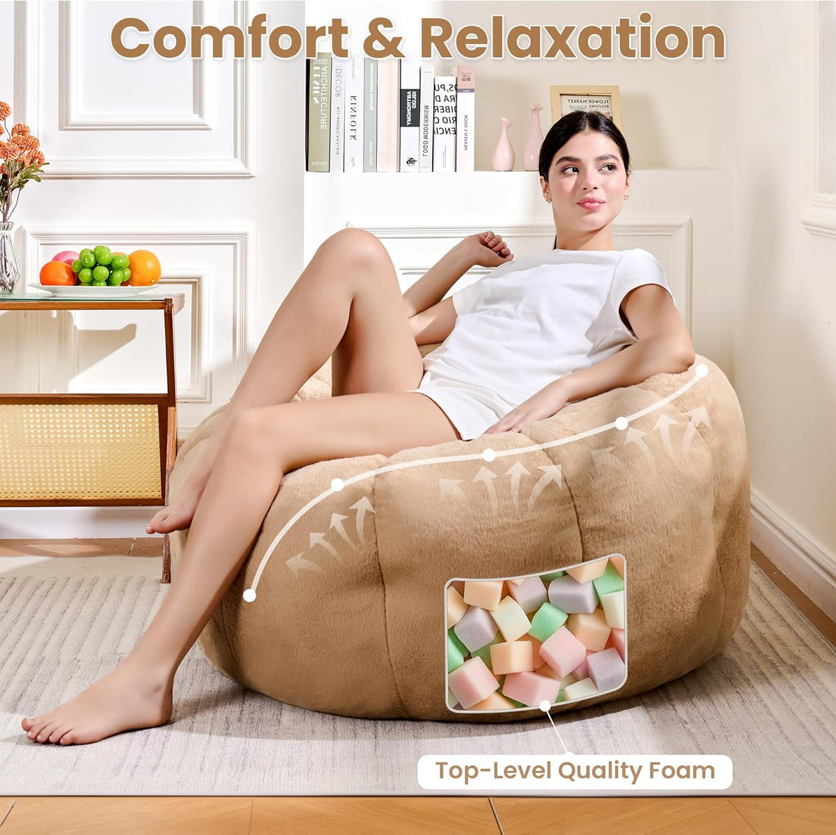 Bean Bag Chair with Filler Included, Faux Fur Comfy Chair with Petal Arm Rest Fluffy Reading Chair for Bedroom, Living Room, Dorm, Game - Taupe, Large, Low Support