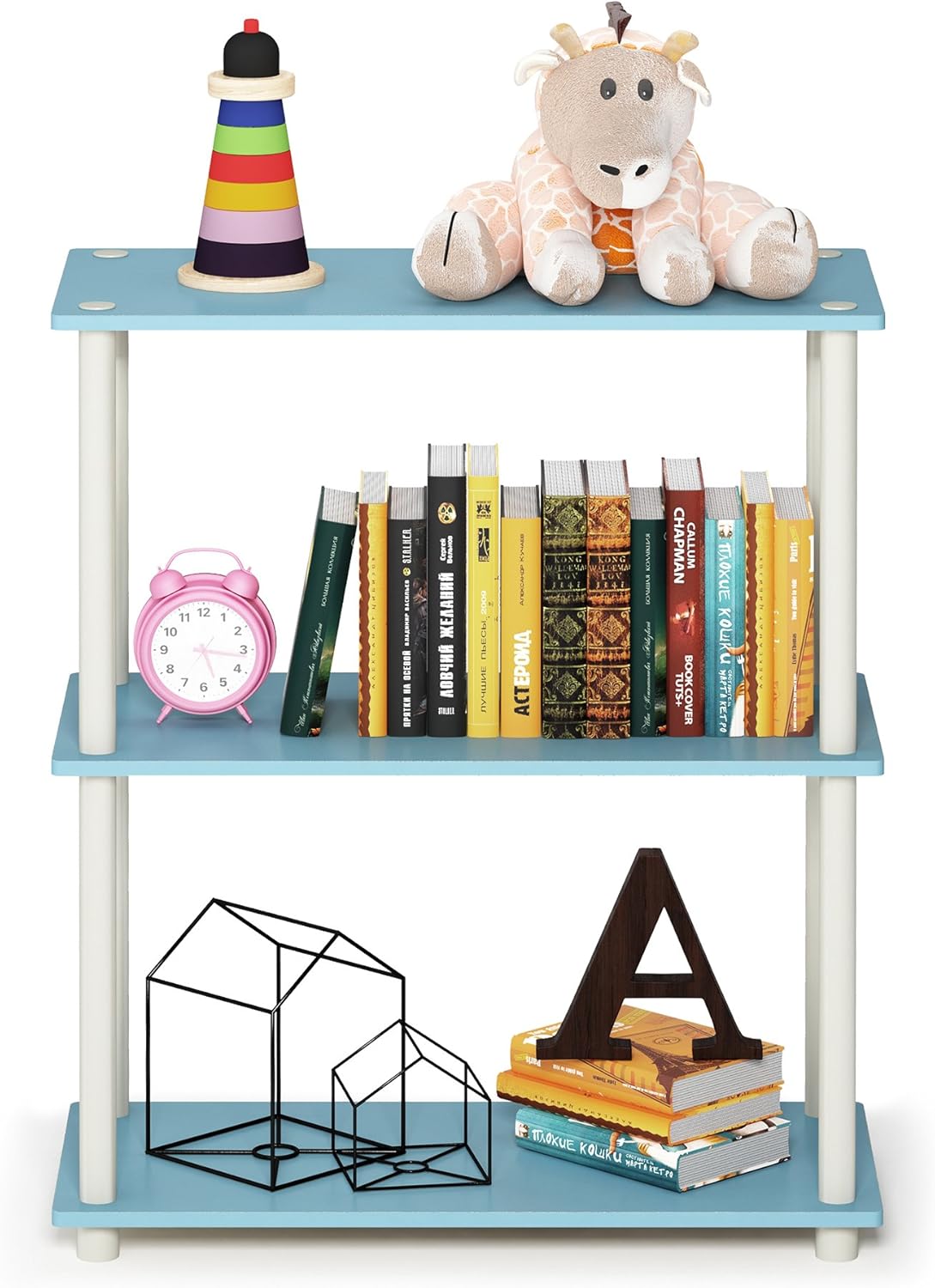 Furinno Turn-N-Tube 3-Tier Compact Multipurpose Shelf Display Rack, Light Blue/White
