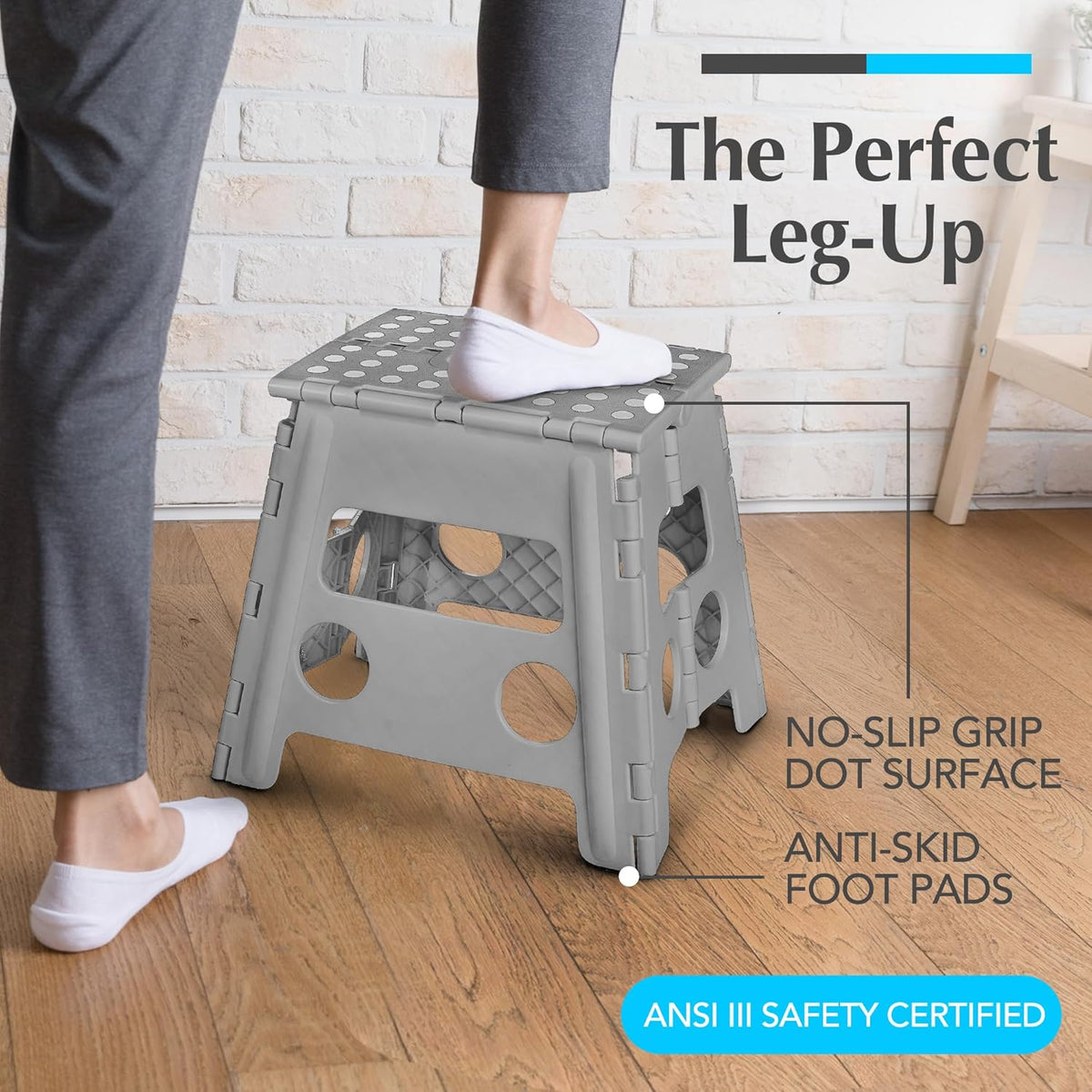 Handy Laundry Folding Lightweight Step Stool - Sturdy Enough to Support Adults and Safe Enough for Kids - Opens Easy with One Flip - Great for Kitchen, Bathroom or Bedroom (Grey - 13 inch)
