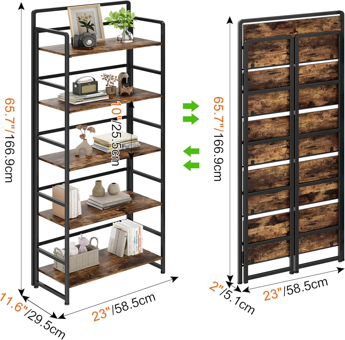 No Assembly Folding Bookshelf, 5 Tiers Collapsible Book Shelf for Home Office, Vintage Wood Foldable Bookcase Storage Organizer for Living Room Bedroom (Rustic Brown)