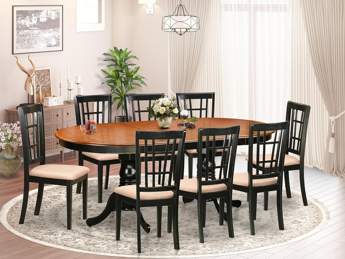 East West Furniture PLNI9-BCH-C 9 Piece Modern Dining Table Set Includes an Oval Wooden Table with Butterfly Leaf and 8 Linen Fabric Kitchen Dining Chairs, 42x78 Inch, Black & Cherry