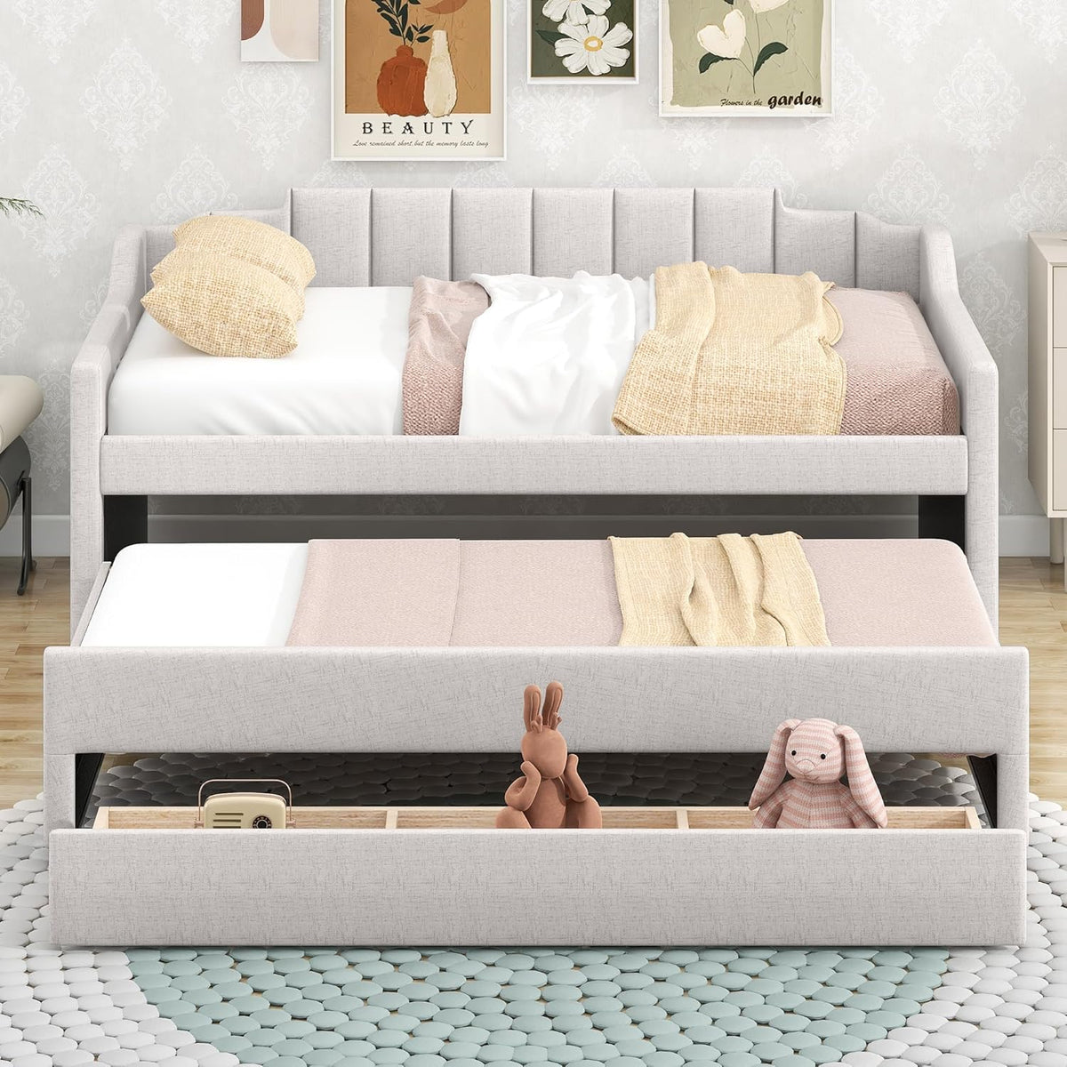 Twin Size Upholstered Daybed with Trundle and Three Lower Drawers,Linen Sofa Bed for Apartment Living Room Guest Room,Solid Wood Trundle Day Bed Frame, No Box Spring Needed,Beige