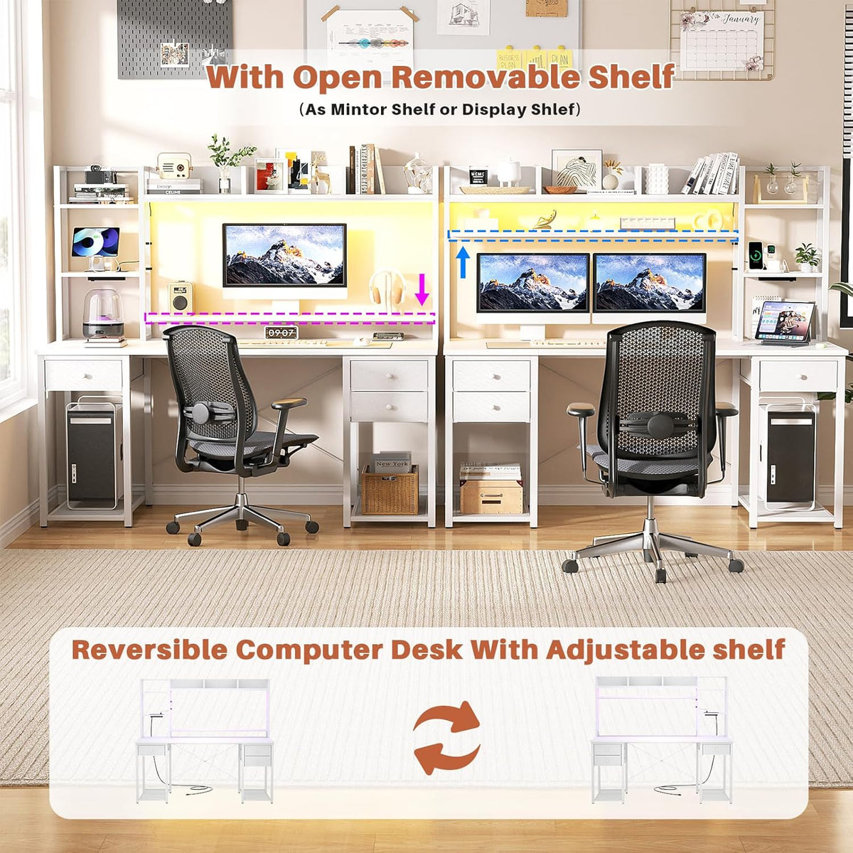 Aheaplus LED Gaming Desk with Hutch, 55.2" Workstation - White
