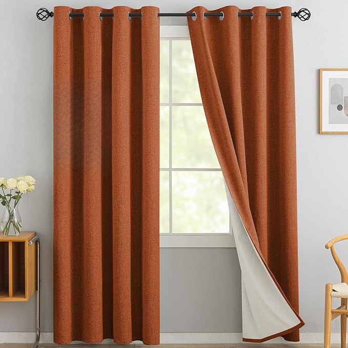 Yakamok Burnt Orange Linen Curtains 100% Blackout 84 Inches Long, Room