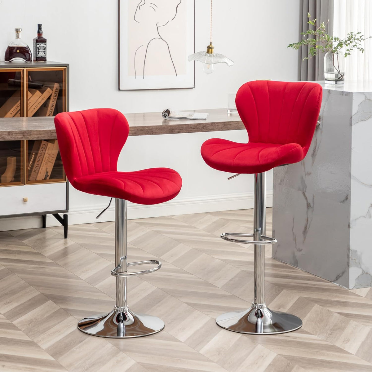 Roundhill Furniture Ellston Velvet Adjustable Swivel Barstools in Red, Set of 2