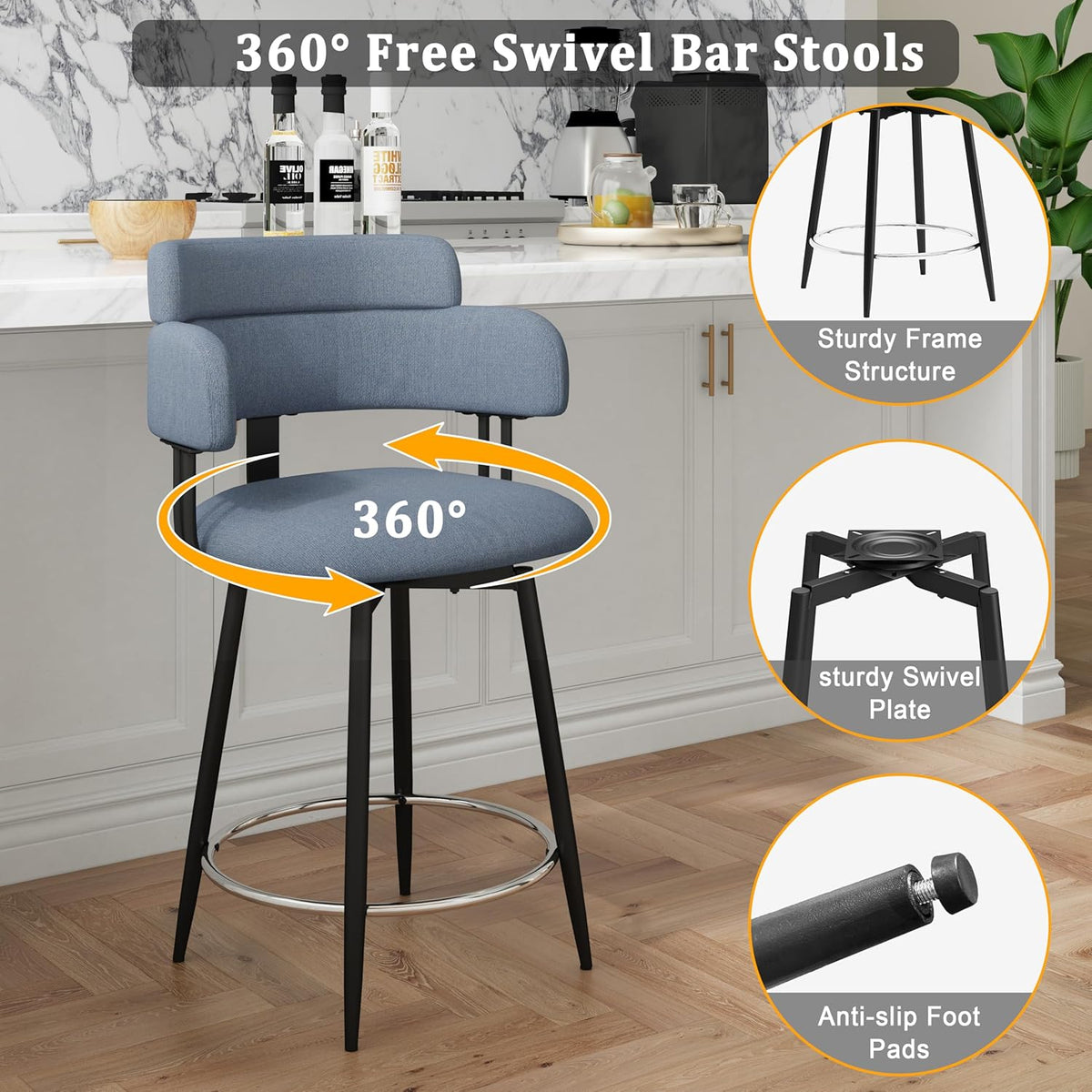 Swivel Bar Stools Set of 2, Counter Height Bar Stools with Ergonomic Full Back, Upholstered Linen Fabric Barstools with Chrome Metal Footrest for Kitchen Island, Dining Room