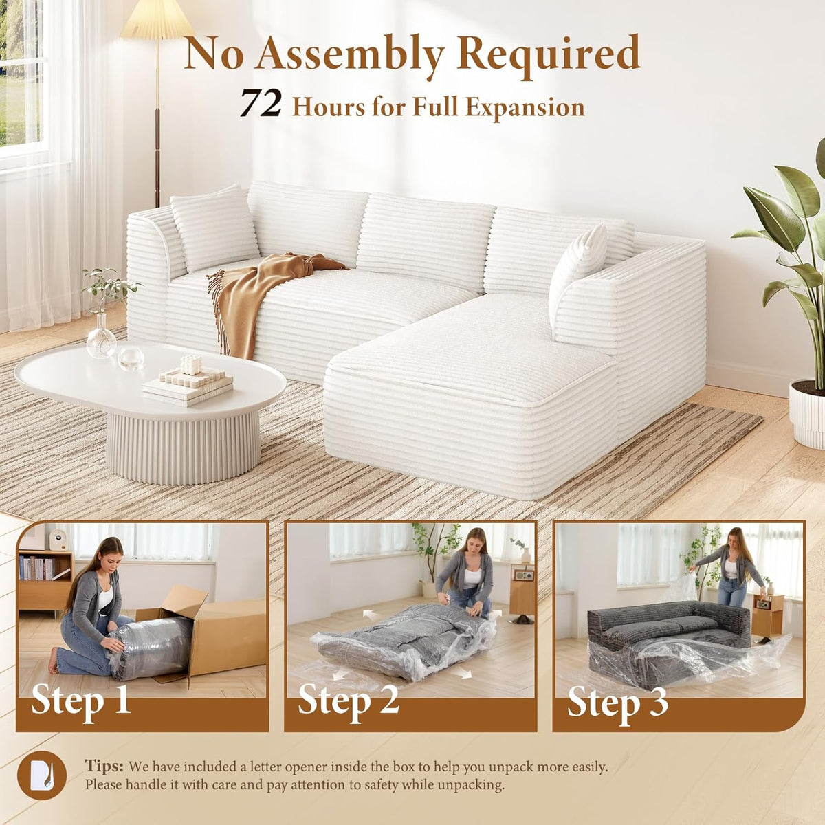 Vesgantti 106" Modular Sectional Sofa with Chaise, Deep Seat Comfy Cloud Couch Corduroy L Shaped Sofa Sectional Couches for Living Room Bedroom, No Assembly Required (Beige, Right-Facing Chaise)