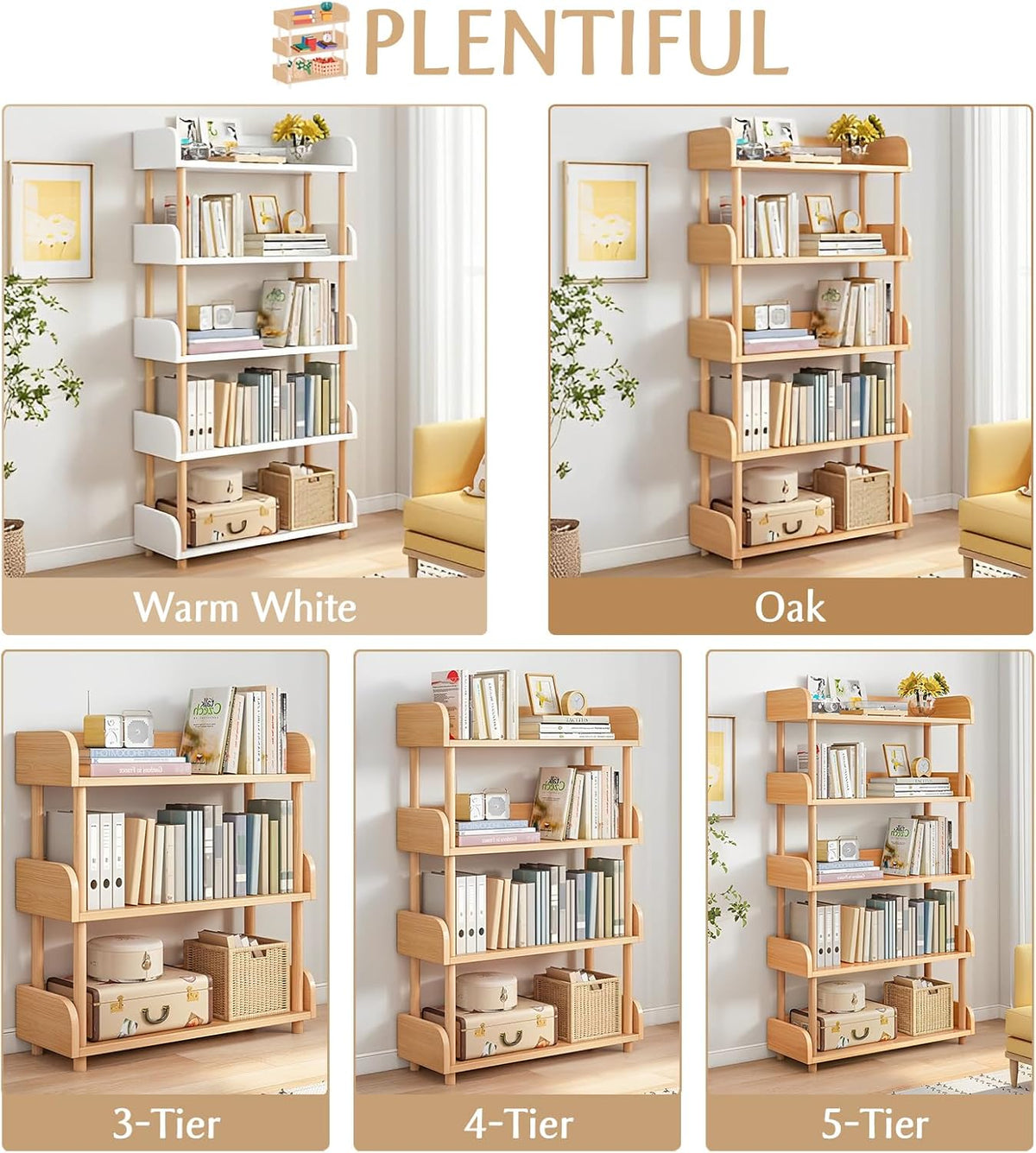5-Tier Wooden Open Bookcase - Modern Display Bookshelf with Top Edge and Solid Wood Frame for Home and Office, Storage Cabinet, Oak