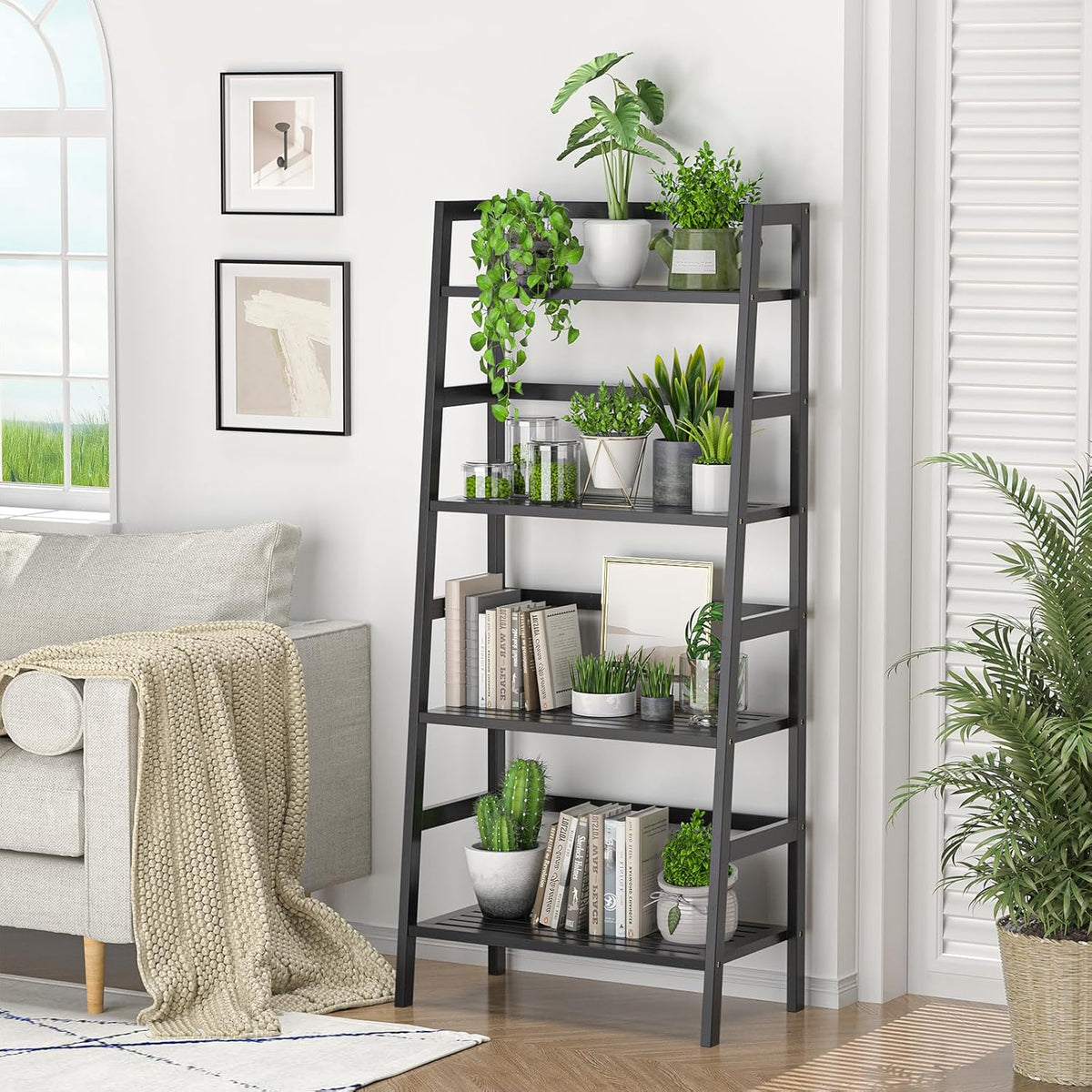 Homykic Bamboo Bookshelf 4-Tier Ladder Shelf, 49.2” Freestanding Open Bookcase Book Shelf Bathroom Storage Shelf Unit Plant Stand for Small Space, Living Room, Bedroom, Home Office, Black