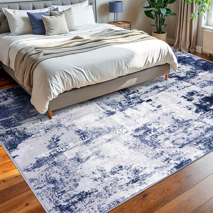 KOZYFLY Modern Abstract Area Rugs 8x10 Navy Blue Machine Washable Thin Rug