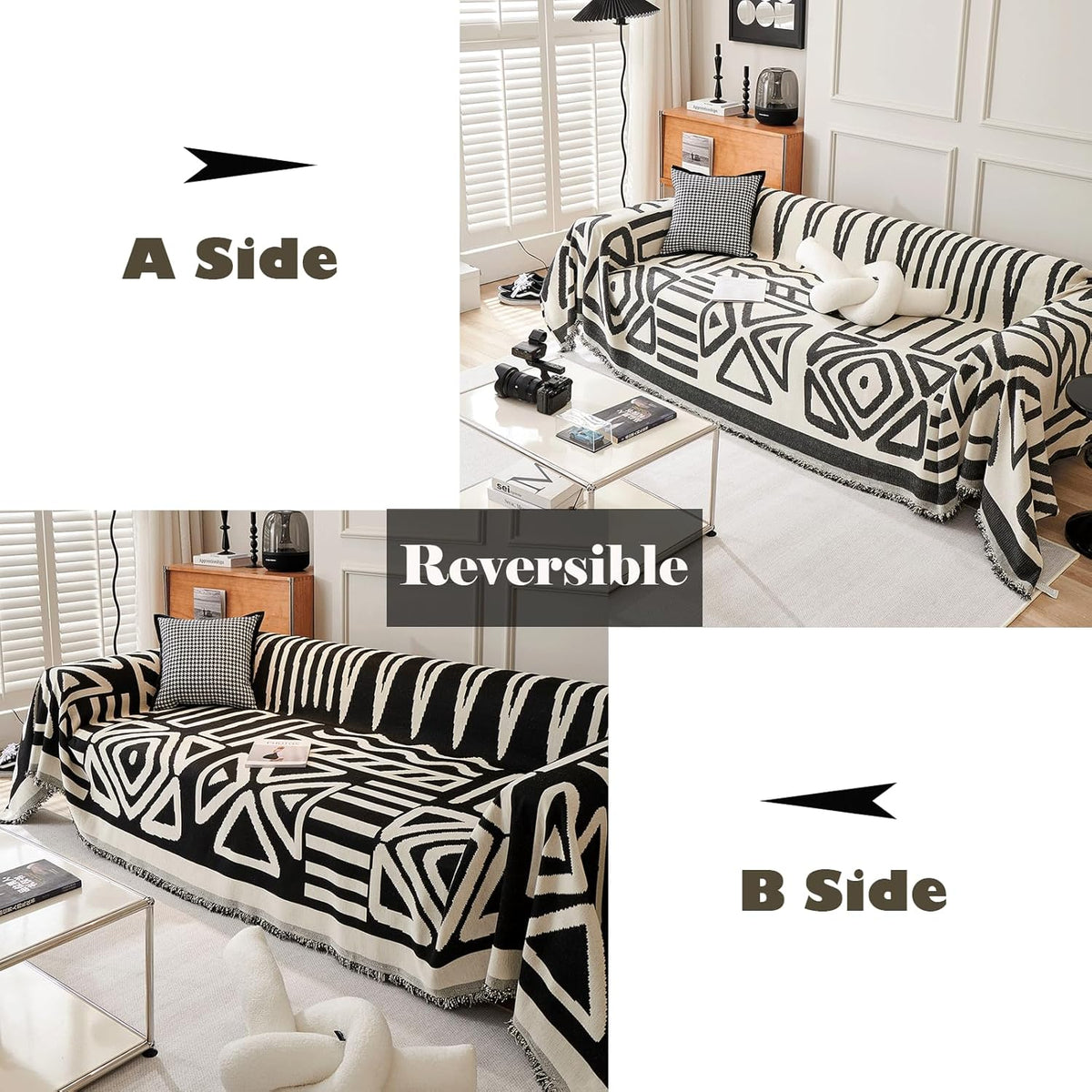 VM VOUGEMARKET Geometric Couch Cover for 3 Cushion Boho Chenille Sofa Cover Dog Proof Universal Sofa Slipcover L Shaped Furniture Cover with Tassels Sectional Couch Cover-71 x 134,Black
