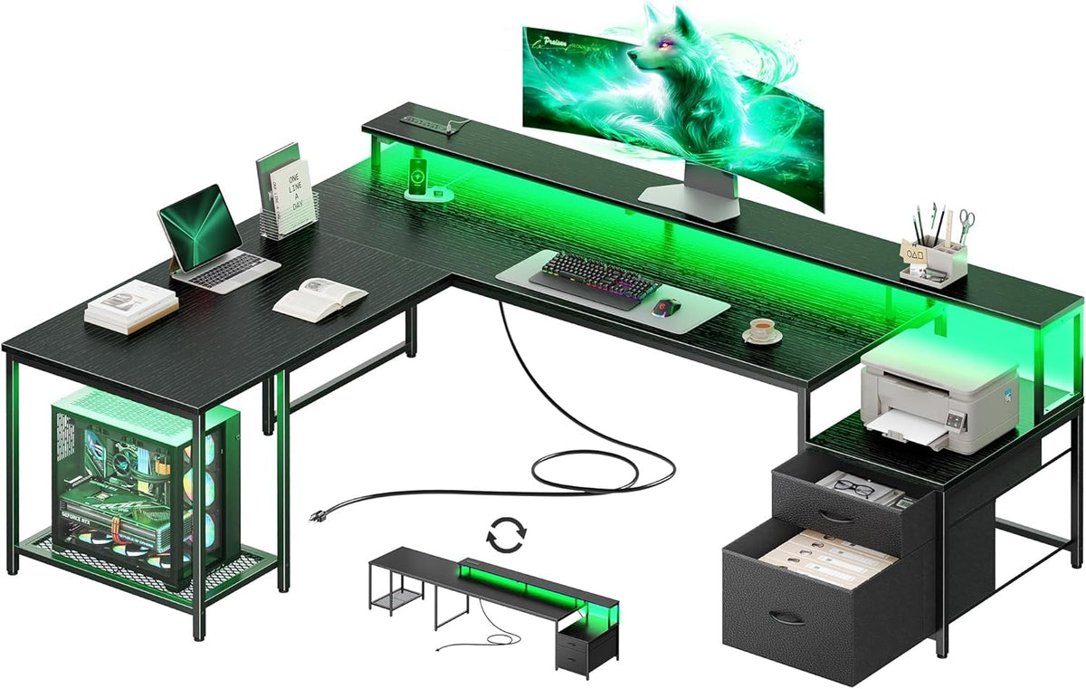 PRAISUN 66 Inch L Shaped Computer Desk with Power Outlets and LED Lights, Home Office Desk with Fabric Drawers and Print Stand, L Shape or Long Set up, Monitor Stand, Mesh CPU Stand, Black