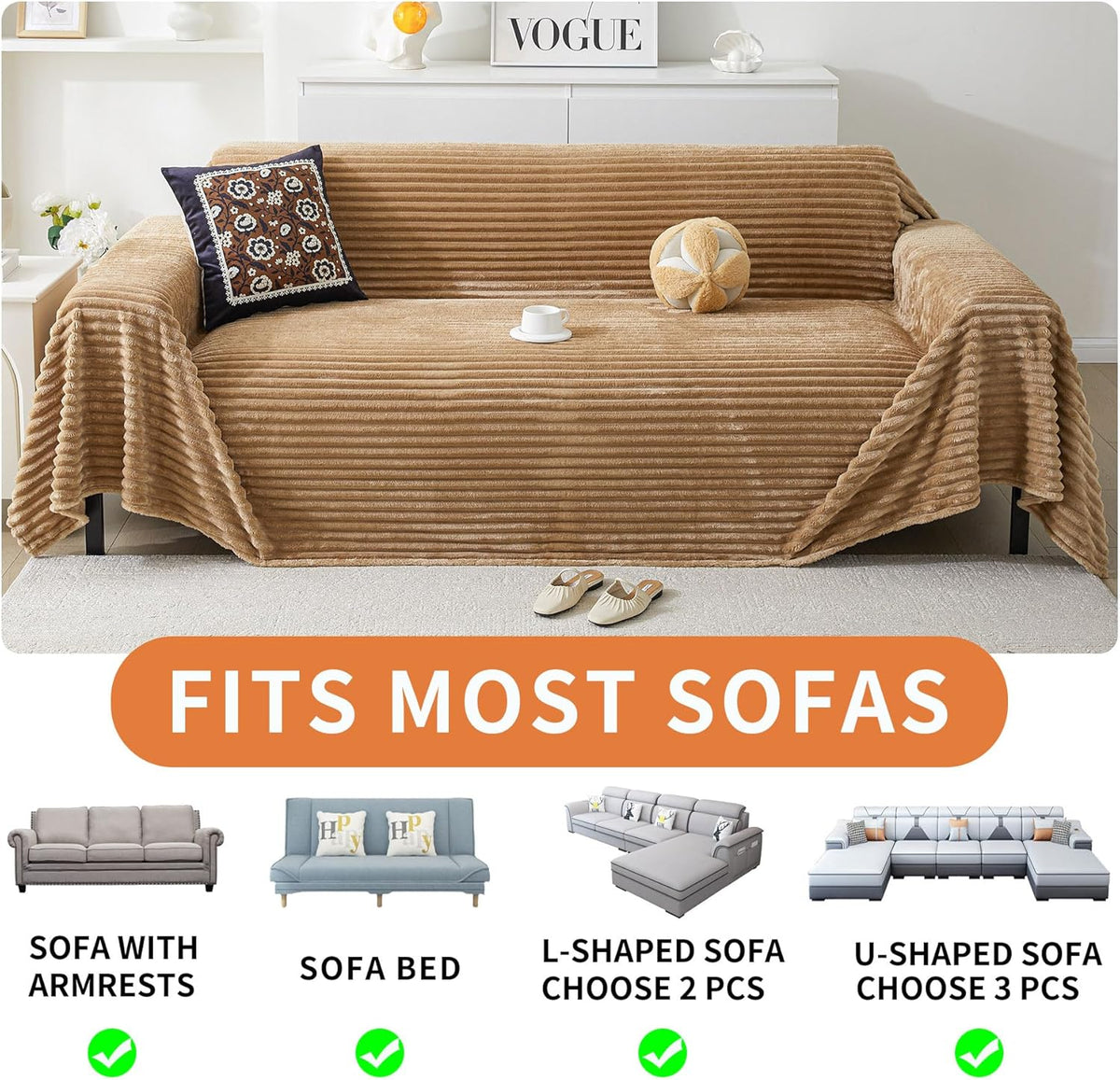 HAOMAIJIA Faux Fur Sofa Covers Couch Covers for 2 Cushion Couch Sofa Pet Friendly Soft Non Slip Couch Cover for Dogs Washable Sectional Couch Covers L Shape Furniture Protector (Khaki, 91"x118")