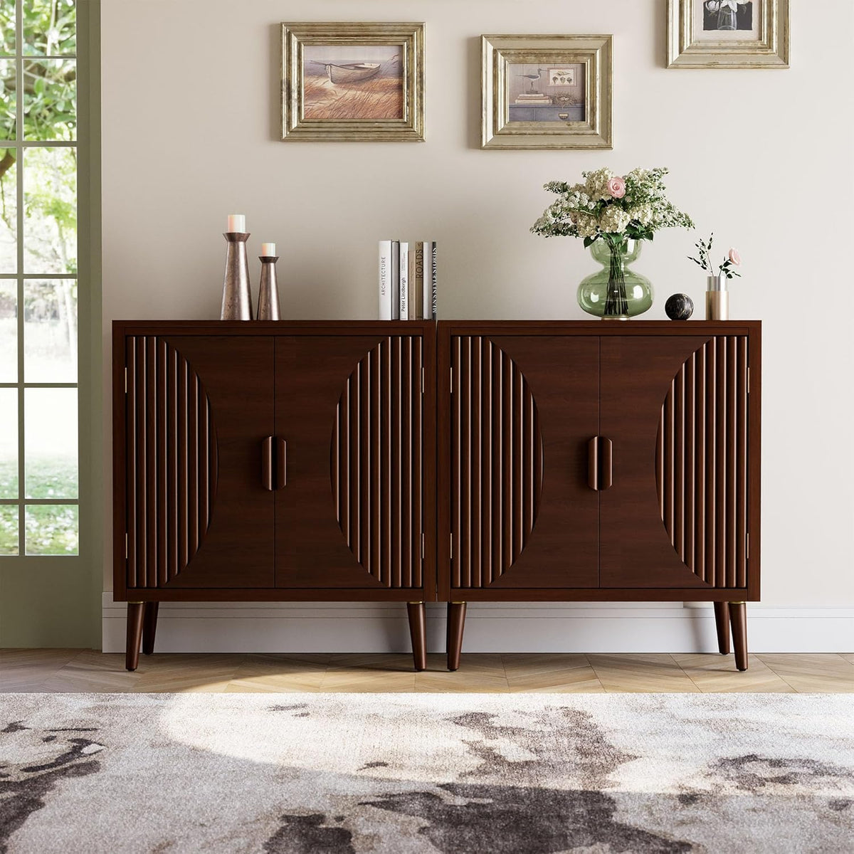 COSIEST Set of 2 30" Storage Sideboards with Doors, Accent Cabinets with Magnetic Push-to-Open Doors, Brown Line Pattern, Entryway Console for Living Room, Kitchen, Hallway