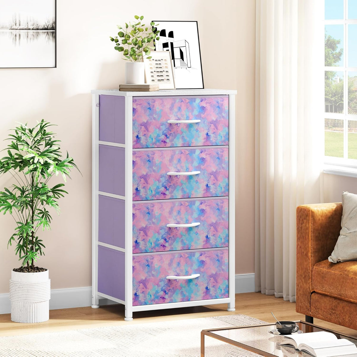 DWVO Dresser with 4 Drawers - Storage Tower Unit, Dresser for Bedroom, Living Room, Closets - Sturdy Steel Frame, Wooden Top & Easy Pull Fabric Bins, Purple