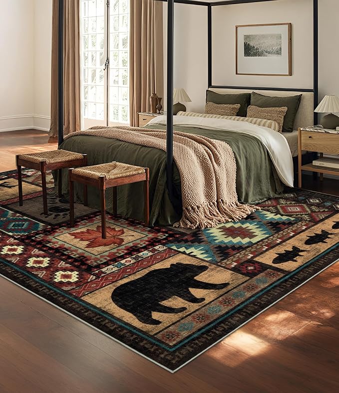 YIHOUSE Rustic Cabin Area Rug 6x9, Machine Washable Lodge Bear Rug, Non-Slip