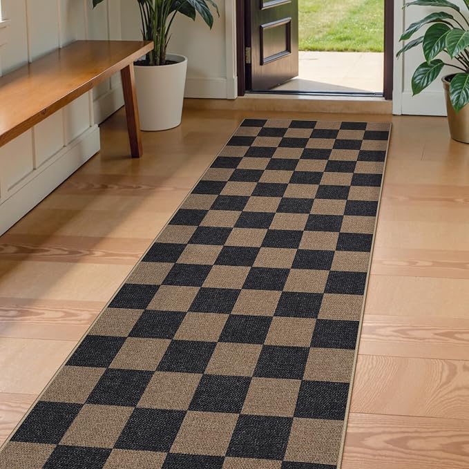Lahome Colette Checkered Easy Jute 2x8 Runner Rug, Washable Kitchen Runner Rug