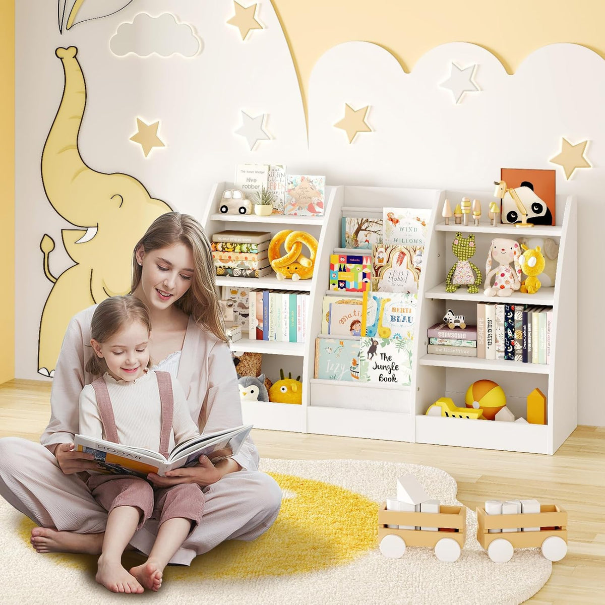 4 Tier Kids Bookshelf, 4 Layer Sling Kids Book Shelf for Kids Rooms, XXL Wood Children Bookcase,Baby Storage Book Rack,Toddler Bookshelf, Book and Toy Organizer,Book Display Shelf for Bedroom, Nursery