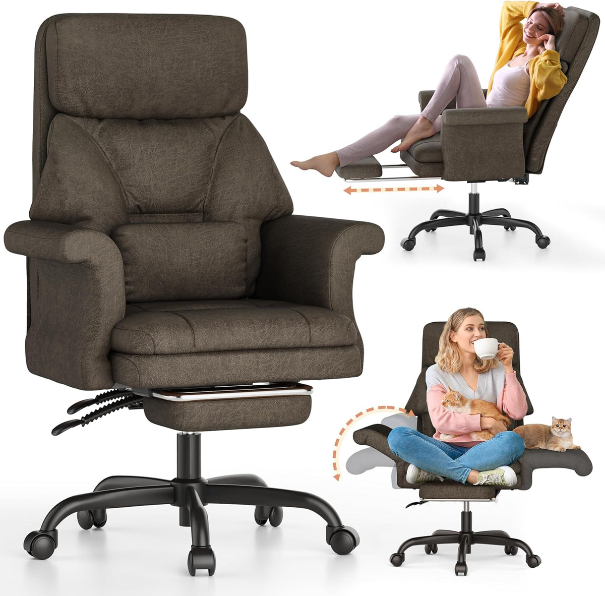 ELABEST C39 Cross Legged Office Chair with Footrest & Convertible Armrests - Pet-Friendly XL Home Desk Chair, Ergonomic Recliner with Lumbar Pillow, Criss Cross Design, Big and Tall Executive Chair
