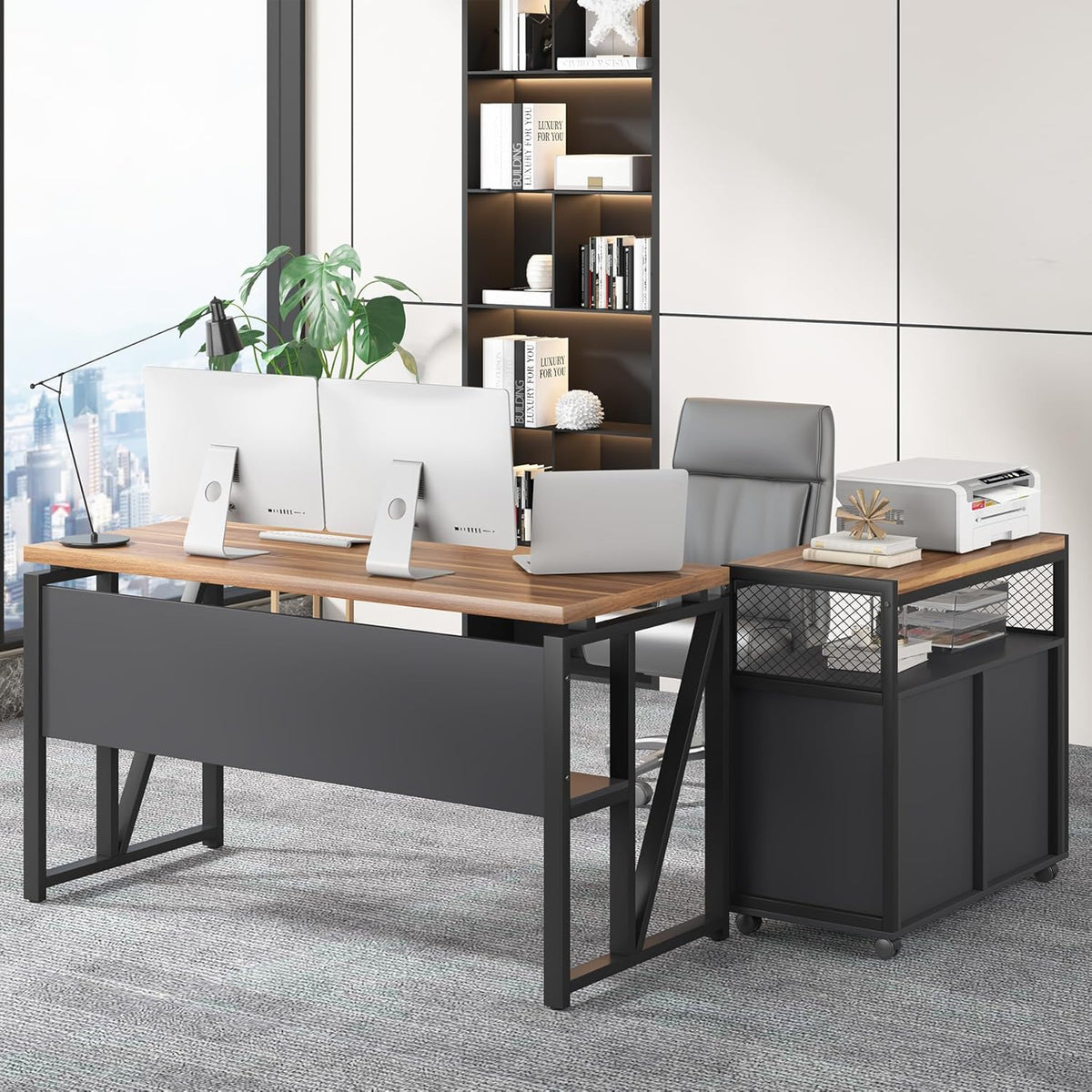 Tribesigns 55" Executive Desk with Reversible File Cabinet, Large L-Shaped Office Desk with Drawers, Business Furniture Workstation for Home Office (Dark Walnut, 55-inch)