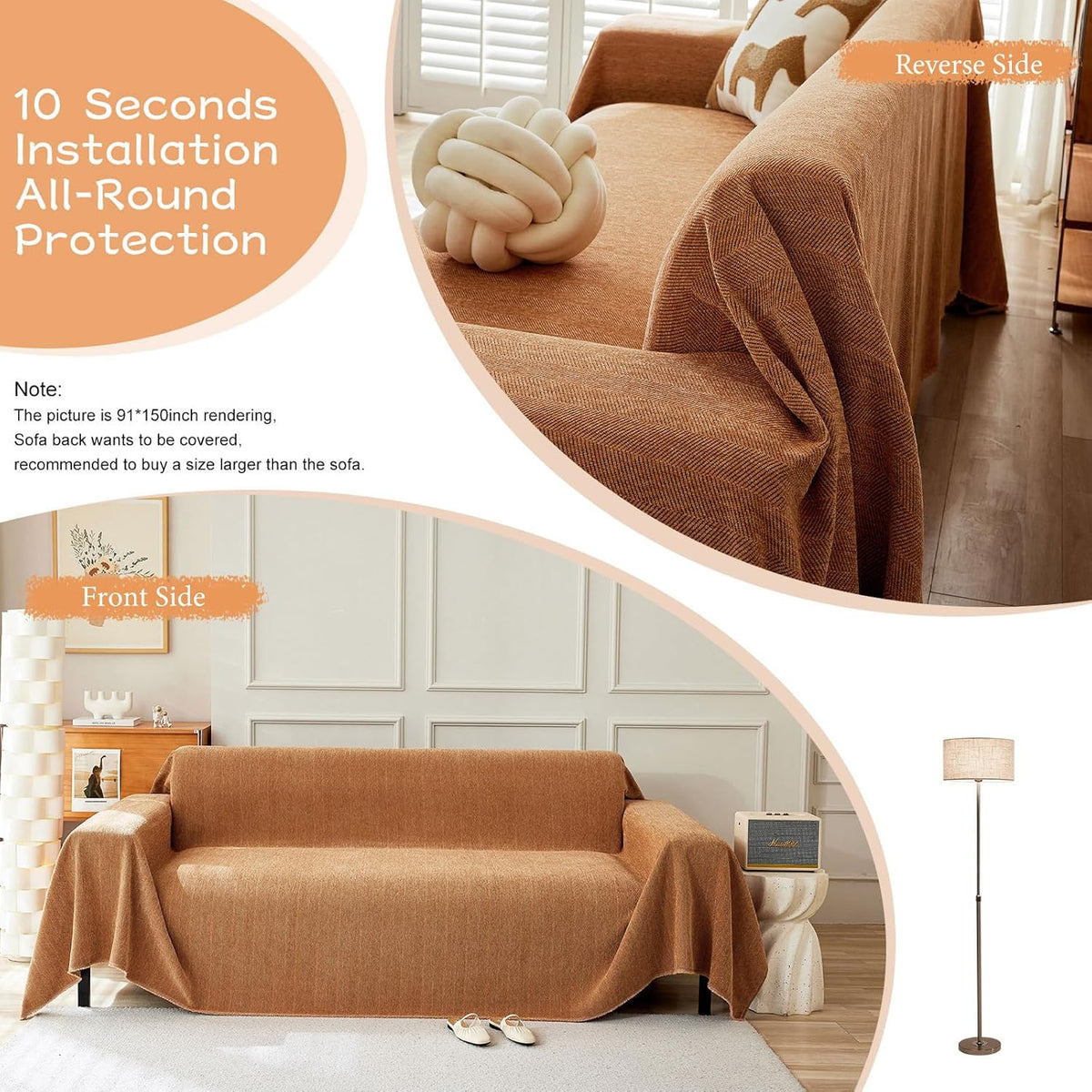 STACYPIK Dark Orange Sofa Cover for Dog Soft Chenille Couch Cover Boho Furniture Protector for 3 Cushion Couch Lovetseat Futon Cover Pumpkin Couch Cover Pet-Friendly Multi-Use Sofa Slipcover-91X118IN