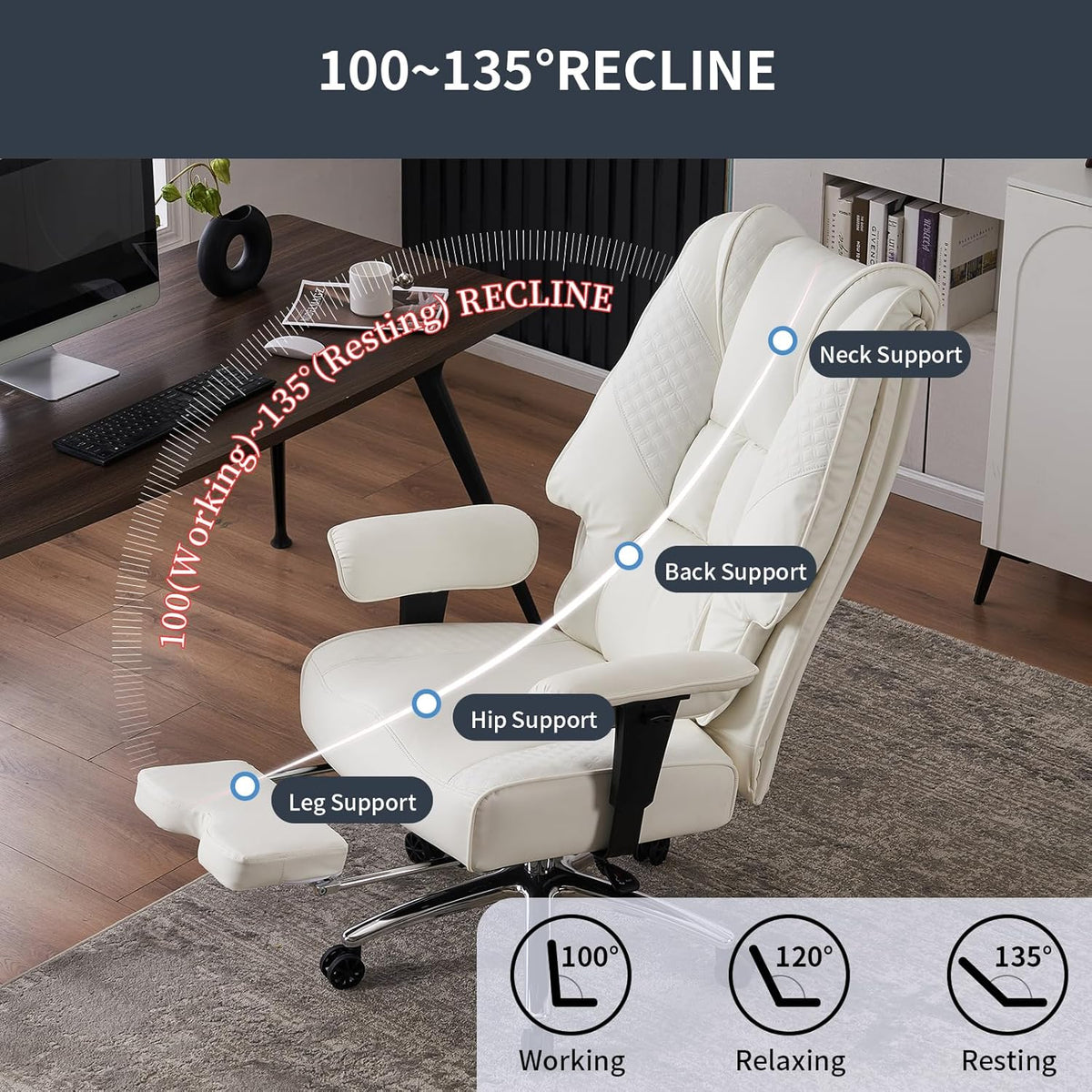 Big and Tall Office Chair 400lbs Wide Seat, Leather High Back Executive Office Chairs with Foot Rest, Ergonomic Lumbar Support for Lower Back Pain Relief (White)