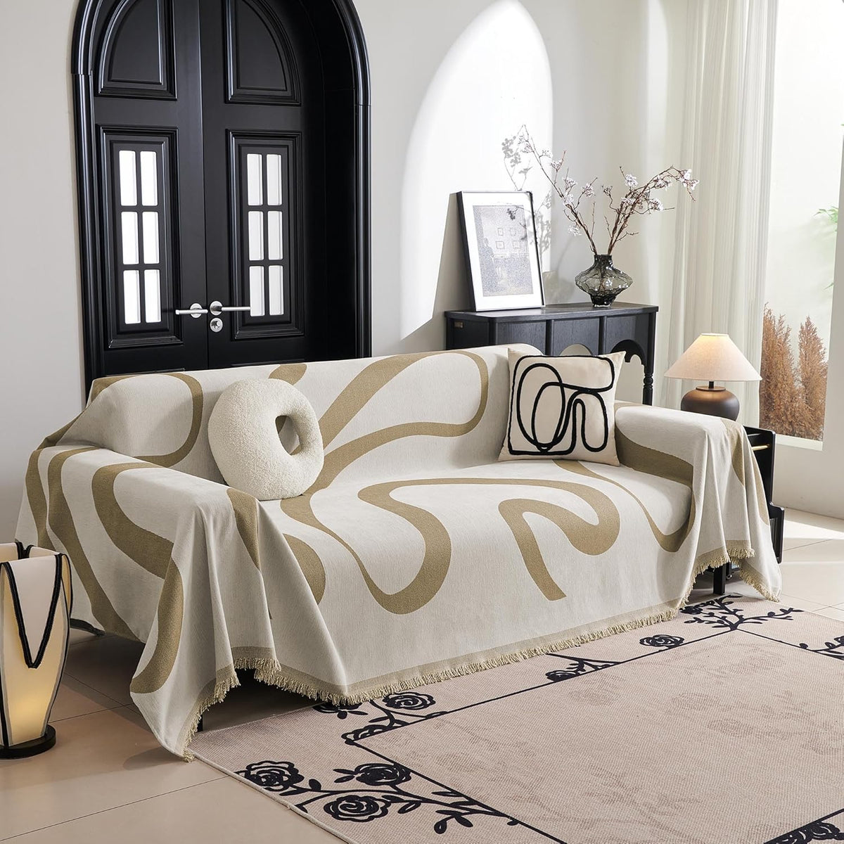 MYSKY HOME Couch Cover for 3 Cushion Couch Sofa Cover, Super Soft Boho Couch Covers for Dogs Washable, Jacquard Sofa Slipcover Furniture Protector for Living Room, 91" x 150", Khaki Curve