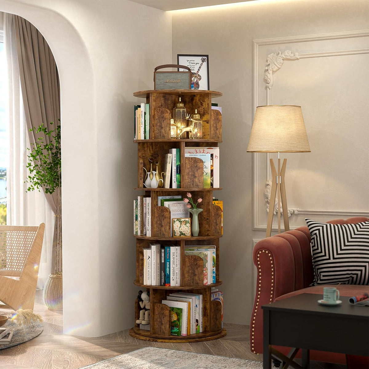 Aheaplus Rotating Bookshelf, 360 Display Wood Spinning Bookshelf Tower, 5 Tier Floor Standing Bookcase Storage Rack, Revolving Bookcase Corner Bookshelfs for Small Space, Study, Bed Room, Rustic Brown