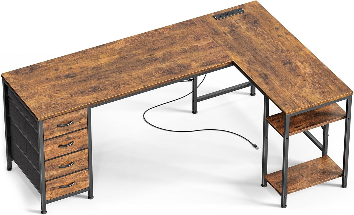 Huuger 63 Inch L Shaped Desk with Fabric Drawers, Computer Office Desk with Power Outlets and USB-C Port, Corner Desk with Storage Shelves, for Gaming Work Study Home Office, Reversible, Rustic Brown