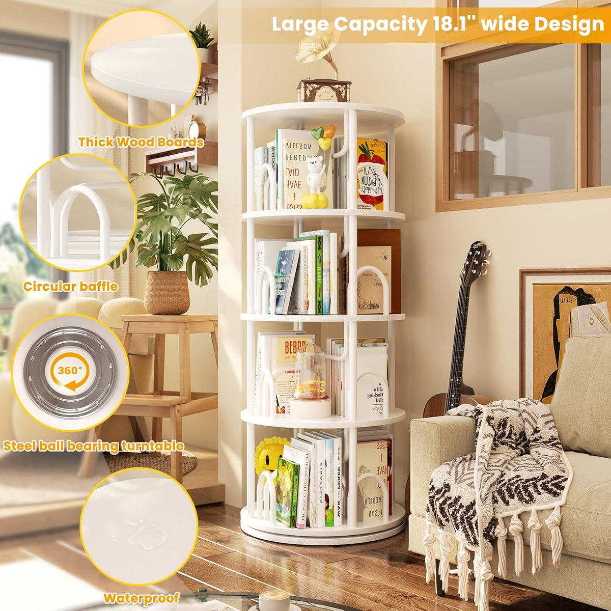 Aheaplus 4 Tier Rotating Bookshelf Tower, 360 Display Spinning Bookcase, Revolving Round Book Shelf Narrow Swivel Bookshelf, Vertical Turning Spiral Corner Book Organizer for Small Space, White
