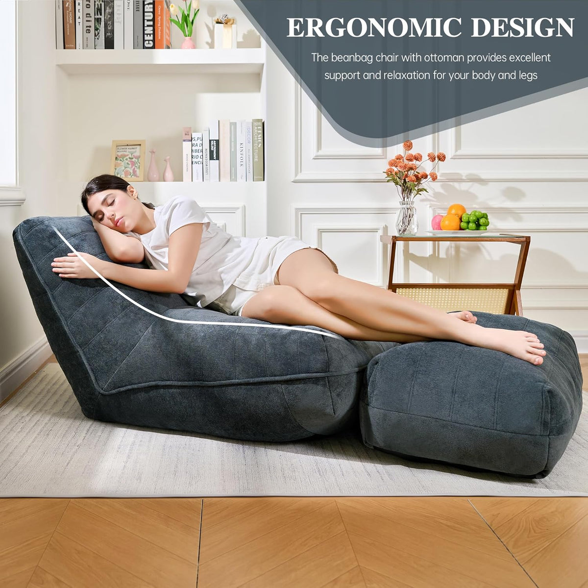 Bean Bag Chair with Ottoman, Comfy Bean Bag Sofa with Memory Foam, Lazy BeanBag Sofa with Footstool, Fireside Bean Bag Couch for Living Room, Bedroom, Apartment (Blue Gray)