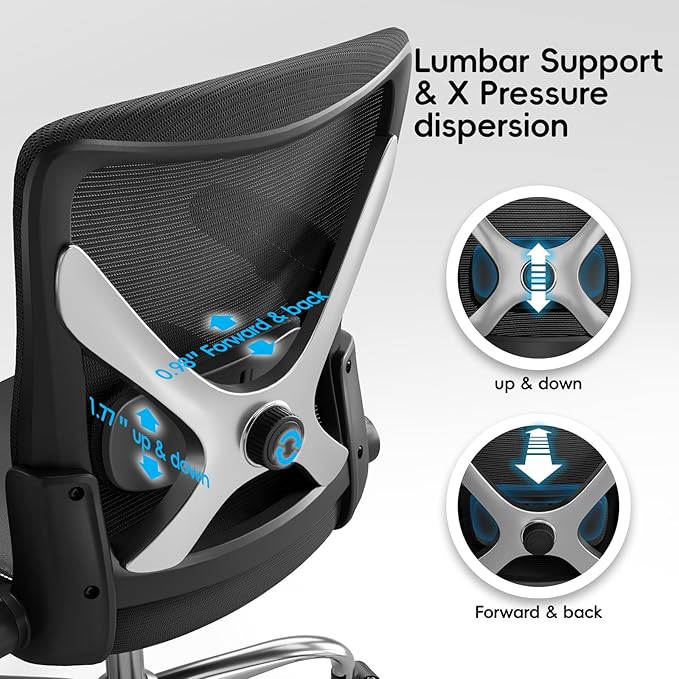 Office Home Ergonomic Desk Chair-Computer X-Shaped Chair Mesh PU Leather with Adjustable Lumbar Support-Executive Chair High Back Flip-Up Arms for Long Hours (Black-Silver-No Headrest)